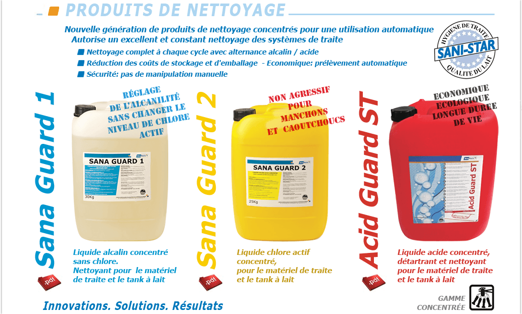 Produits de nettoyage salle de traite Sana Guard 1 et Sana Guard 2, Acid Guard ST de Boumatic chez Fermequip Moedec - Morlaix en Finistre Bretagne